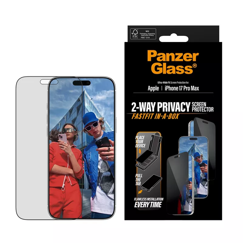 Schermbescherming PanzerGlass 2-Way Privacy voor iPhone 17 Pro Max — gehard glas, Ultra-Wide Fit, FASTFIT
