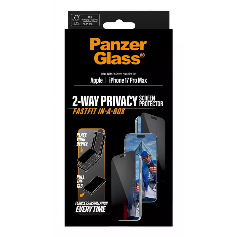 Schermbescherming PanzerGlass 2-Way Privacy voor iPhone 17 Pro Max — gehard glas, Ultra-Wide Fit, FASTFIT