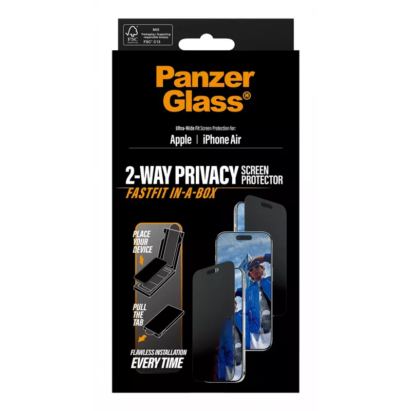 Schermbescherming PanzerGlass Privacy voor iPhone Air — gehard glas, ultrabrede pasvorm, privacyfilter, FASTFIT