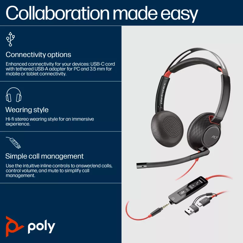 HP Poly Blackwire 5220 stereo USB-C-headset + 3,5mm-jackplug + USB-C/A-adapter