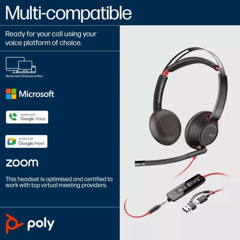HP Poly Blackwire 5220 stereo USB-C-headset + 3,5mm-jackplug + USB-C/A-adapter