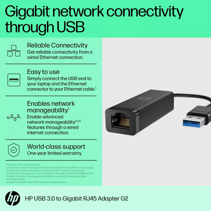 HP USB 3.0 naar Gigabit RJ45-adapter G2, bedraad, USB, Ethernet, zwart