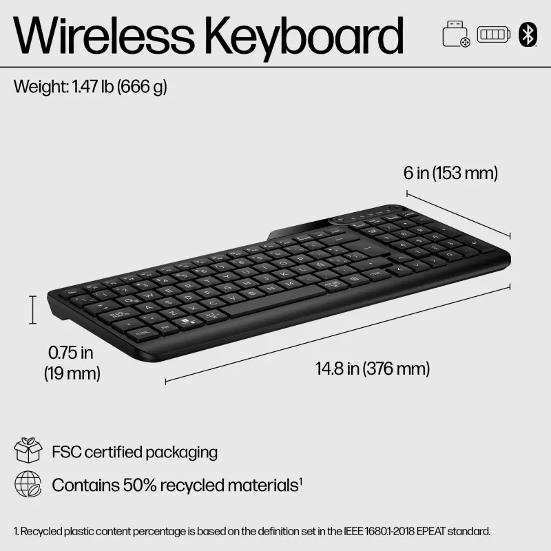 HP 475 dual-mode draadloos toetsenbord, full-size (100%), draadloos, RF draadloos + Bluetooth, membraan, zwart