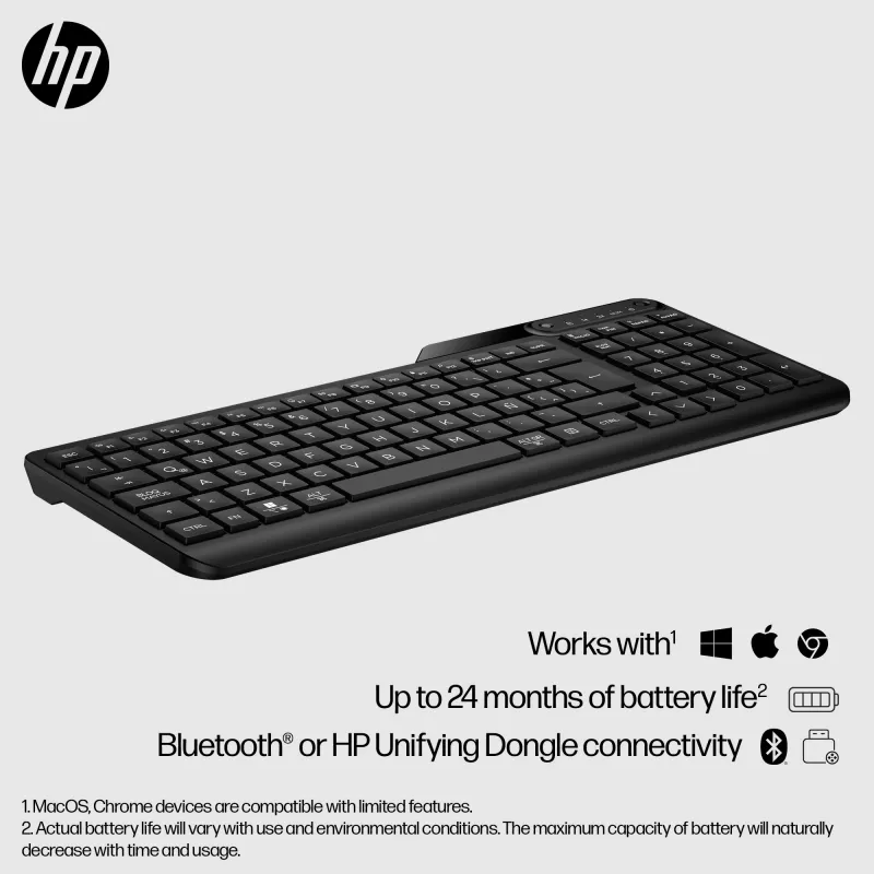 HP 475 dual-mode draadloos toetsenbord, full-size (100%), draadloos, RF draadloos + Bluetooth, membraan, zwart