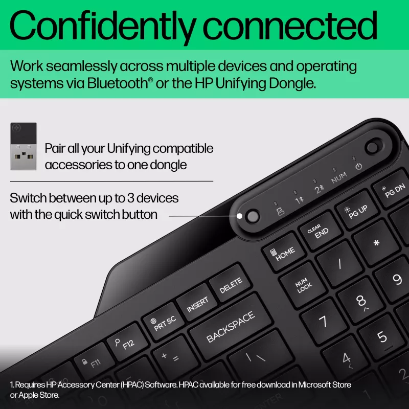 HP 475 dual-mode draadloos toetsenbord, full-size (100%), draadloos, RF draadloos + Bluetooth, membraan, zwart