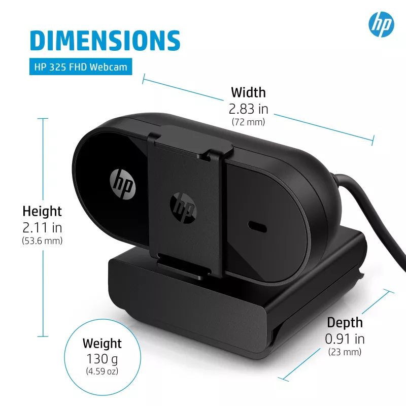 HP 325 FHD-webcam, zakelijk, Windows 10, Windows 11, MacOS, 72 mm, 53,6 mm, 53,2 mm
