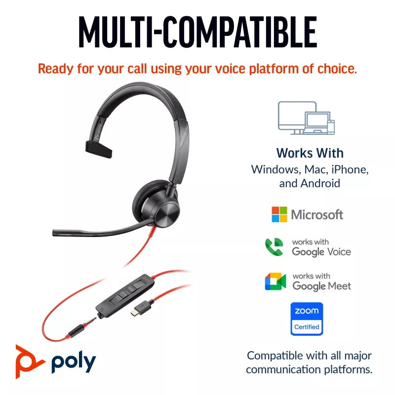 HP Poly Blackwire 3315 monaurale Microsoft Teams-gecertificeerde USB-C-headset +3,5mm-jack +USB-C/A-adapter