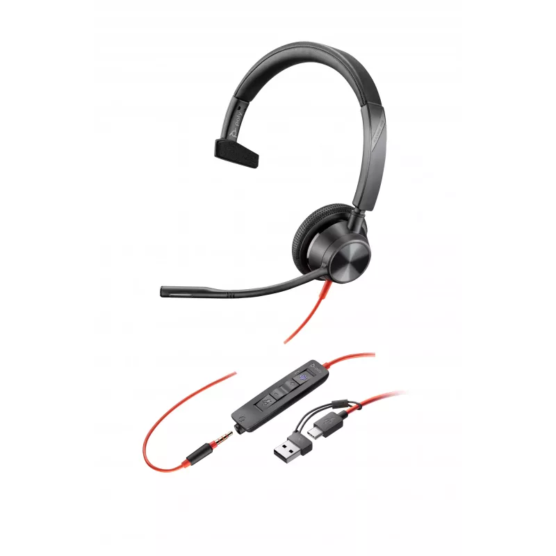 HP Poly Blackwire 3315 monaurale Microsoft Teams-gecertificeerde USB-C-headset +3,5mm-jack +USB-C/A-adapter