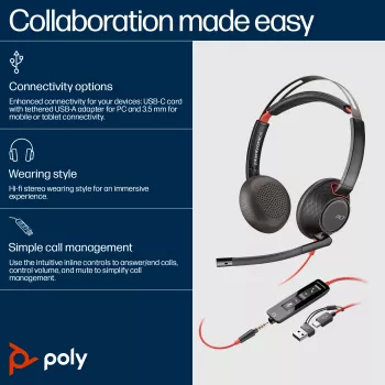 HP Poly Blackwire 5220 stereo USB-C-headset +3,5mm-stekker +USB-C/A-adapter (multipack)