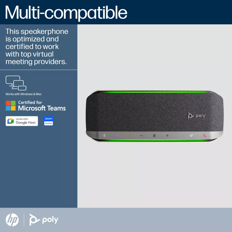 HP Poly Sync 40 Microsoft Teams-gecertificeerde speakerphone, zilver, Windows 10, Windows 11, MacOS, 30 uur, RoHS, Federal Communications Commission (FCC), CE, 38 mm