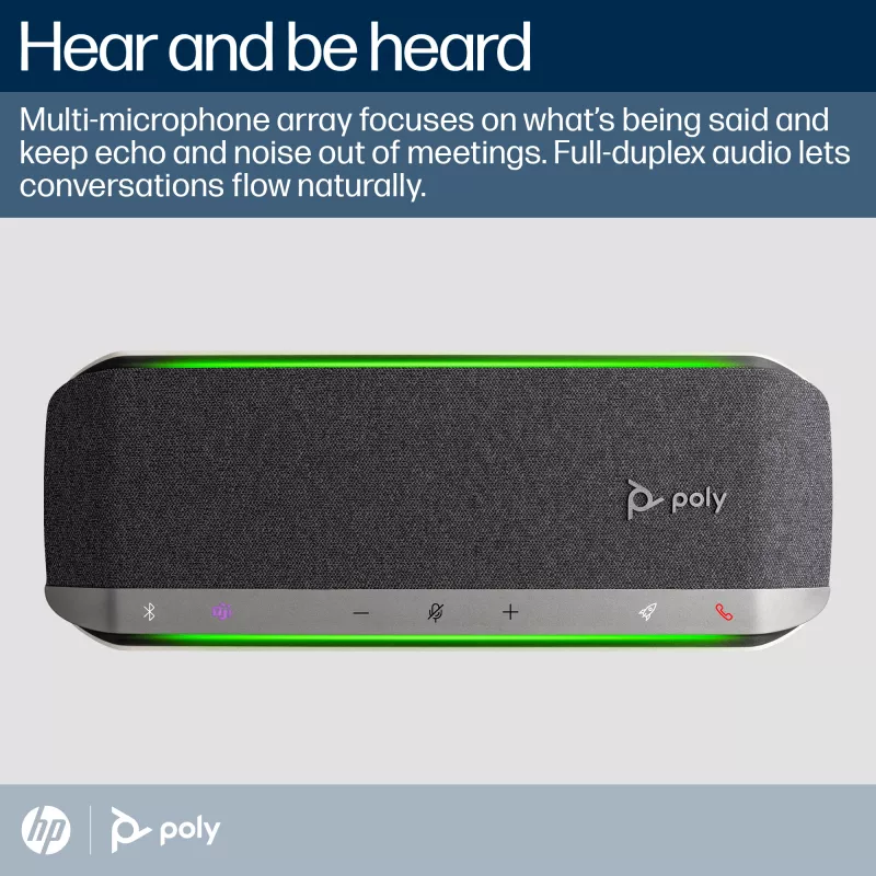 HP Poly Sync 40 Microsoft Teams-gecertificeerde speakerphone, zilver, Windows 10, Windows 11, MacOS, 30 uur, RoHS, Federal Communications Commission (FCC), CE, 38 mm