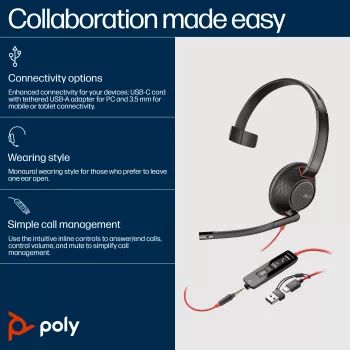 HP Poly Blackwire 5210 monaurale USB-C headset +3.5mm plug +USB-C/A adapter (bulk)