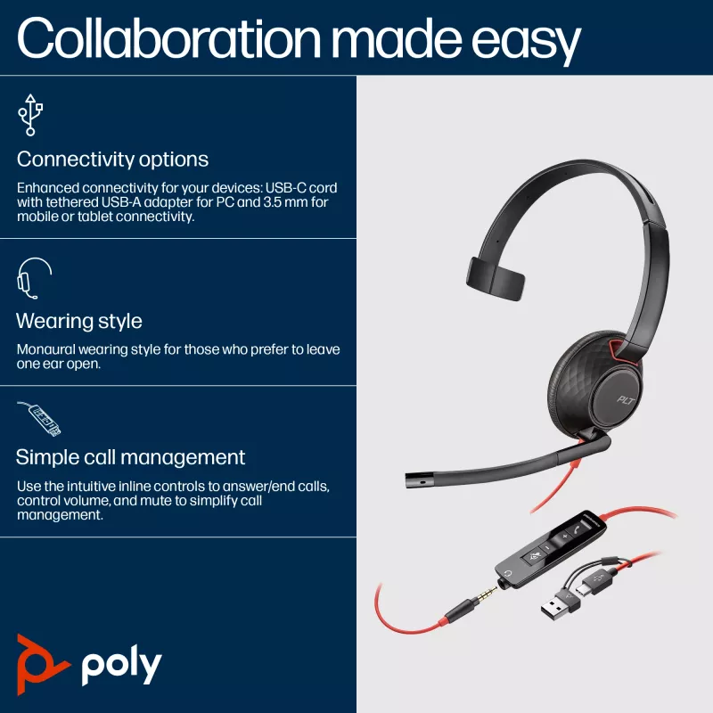 HP Poly Blackwire 5210 monaurale USB-C headset +3.5mm plug +USB-C/A adapter (bulk)