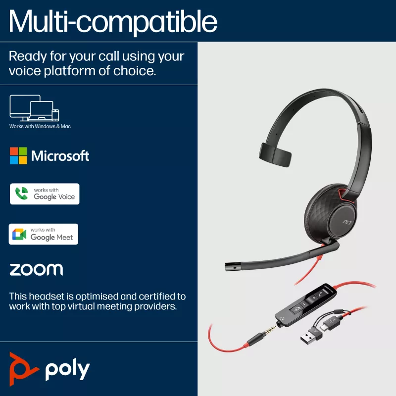HP Poly Blackwire 5210 monaurale USB-C headset +3.5mm plug +USB-C/A adapter (bulk)