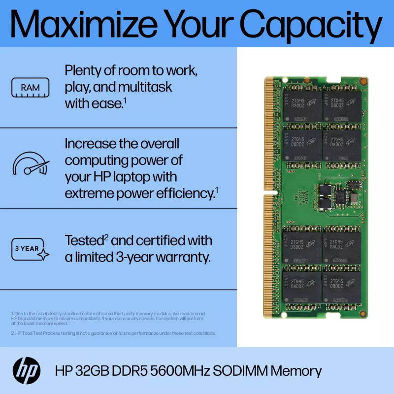 HP 32GB DDR5 5600 SODIMM geheugen, 32 GB, DDR5, 5600 MHz, 262-Pin SO-DIMM