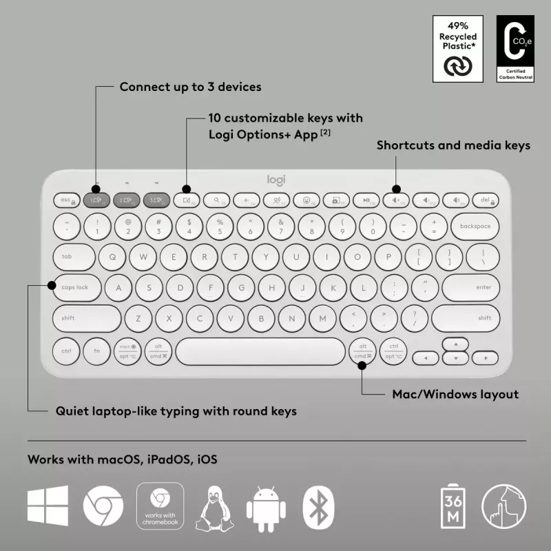Compact mini-toetsenbord Logitech Pebble Keys 2 K380s — RF draadloos + Bluetooth, QWERTY US International, wit