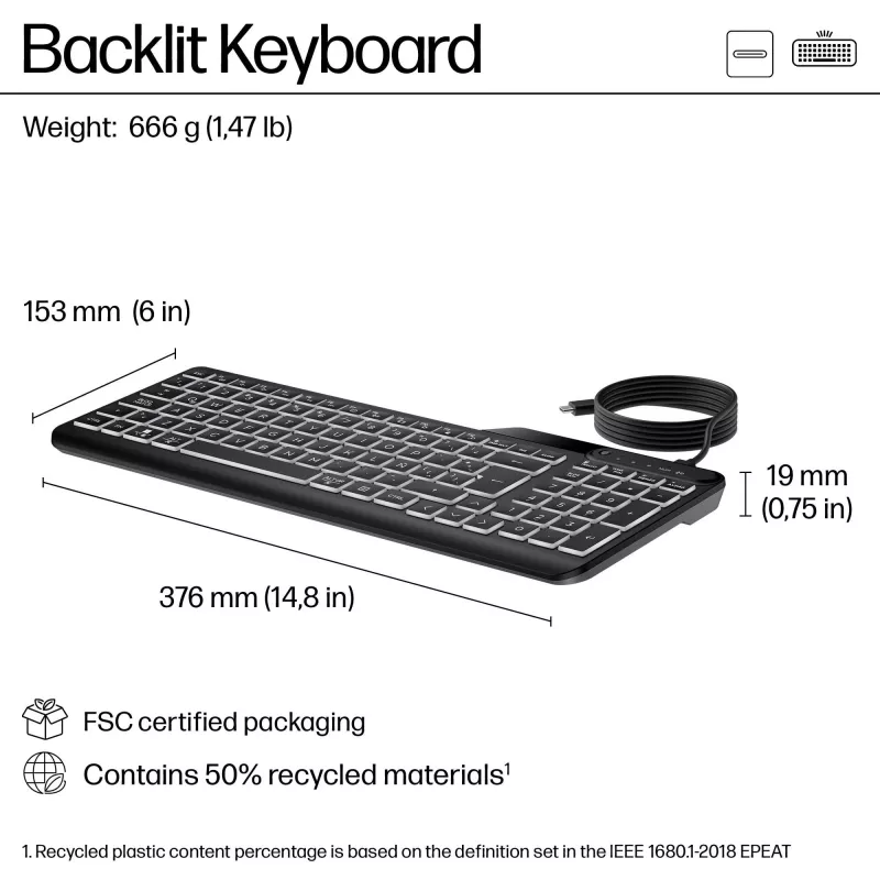HP 405 multi-device verlicht bedraad toetsenbord, volledig formaat (100%), bedraad, USB, membraan, QWERTY, zwart