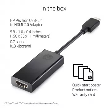 HP USB-C naar HDMI 2.0 zwart 111,2 mm breedte 44,2 mm diepte 17,1 mm hoogte