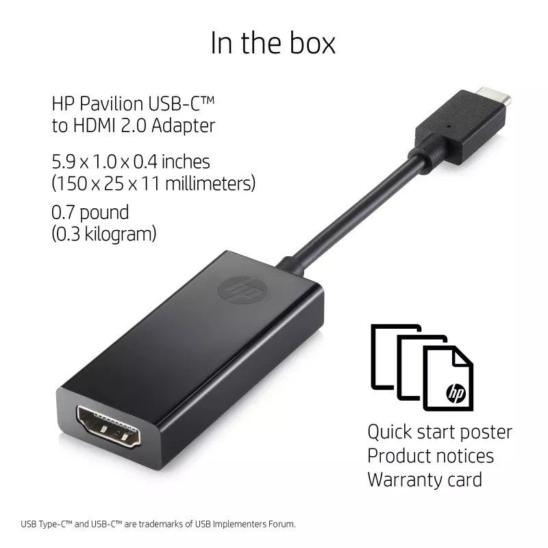 HP 1WC36AA USB-C-naar-HDMI 2.0-adapter, USB-C male naar HDMI female, zwart
