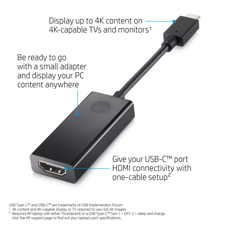HP 1WC36AA USB-C-naar-HDMI 2.0-adapter, USB-C male naar HDMI female, zwart