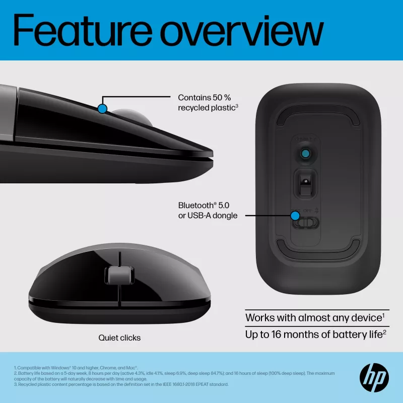 HP Z3700 Dual zilveren muis, voor beide handen, RF draadloos + Bluetooth, zilver