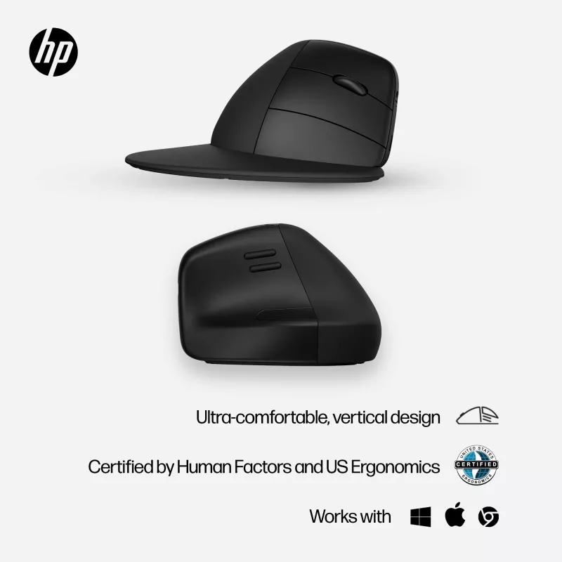 HP 920 ergonomische draadloze muis, rechtshandig, verticaal ontwerp, Bluetooth + USB Type-A, 4000 DPI, zwart
