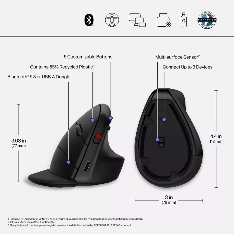 HP 920 ergonomische draadloze muis, rechtshandig, verticaal ontwerp, Bluetooth + USB Type-A, 4000 DPI, zwart