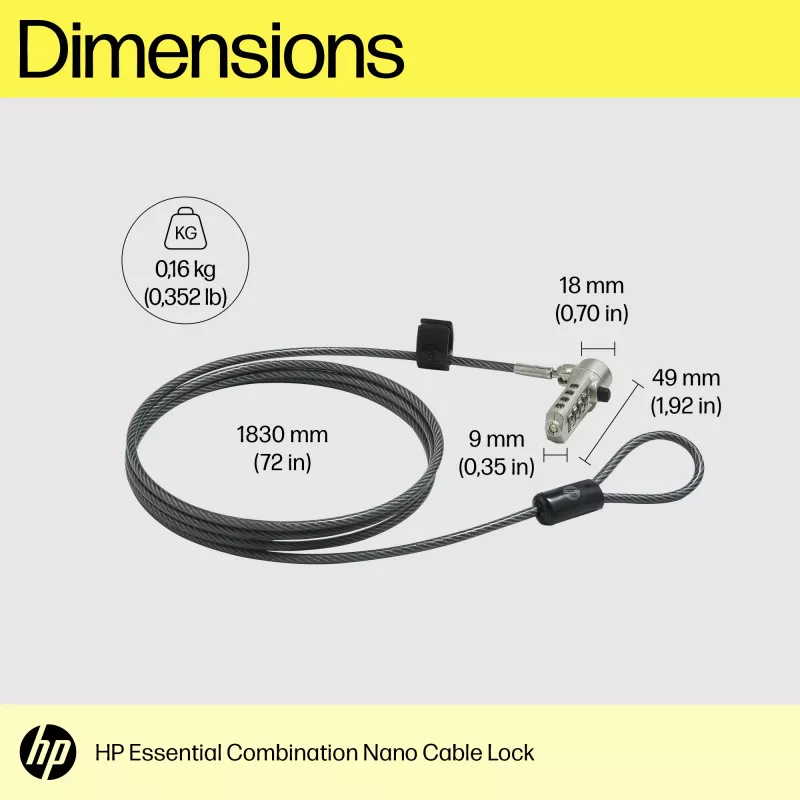 HP Essential Nano combinatiekabelslot, 1,83 m, combinatieslot, roestvrijstaal