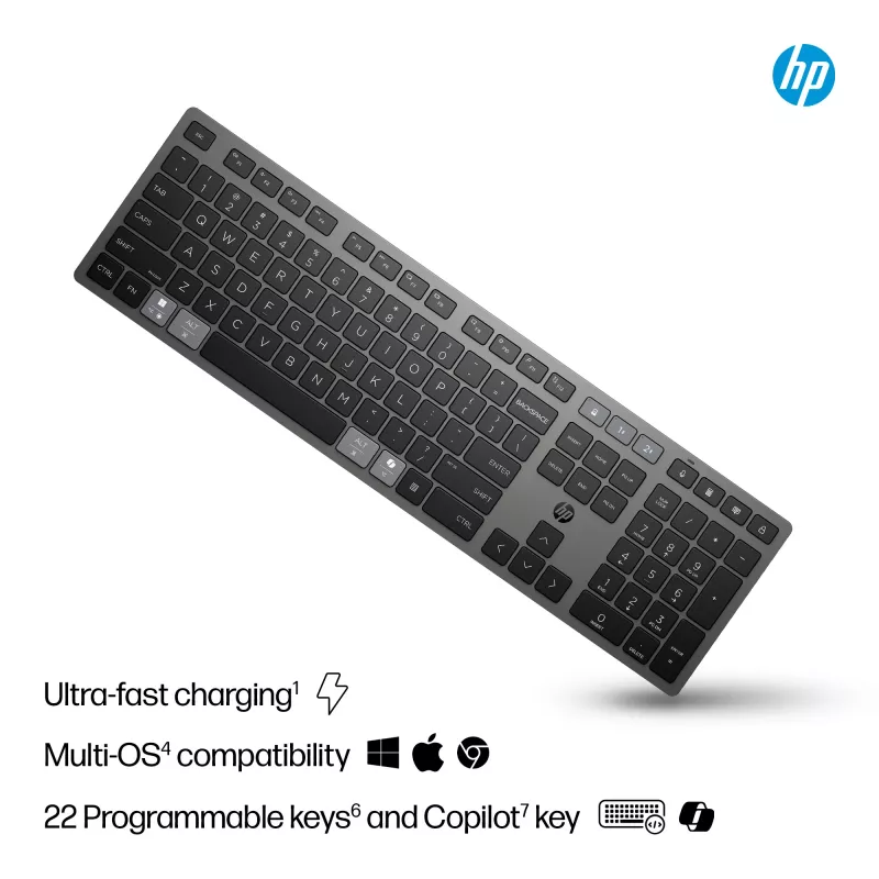 HP 725 multi-device oplaadbare draadloze toetsenbord, volledig formaat (100%), draadloos, RF draadloos + Bluetooth, zwart
