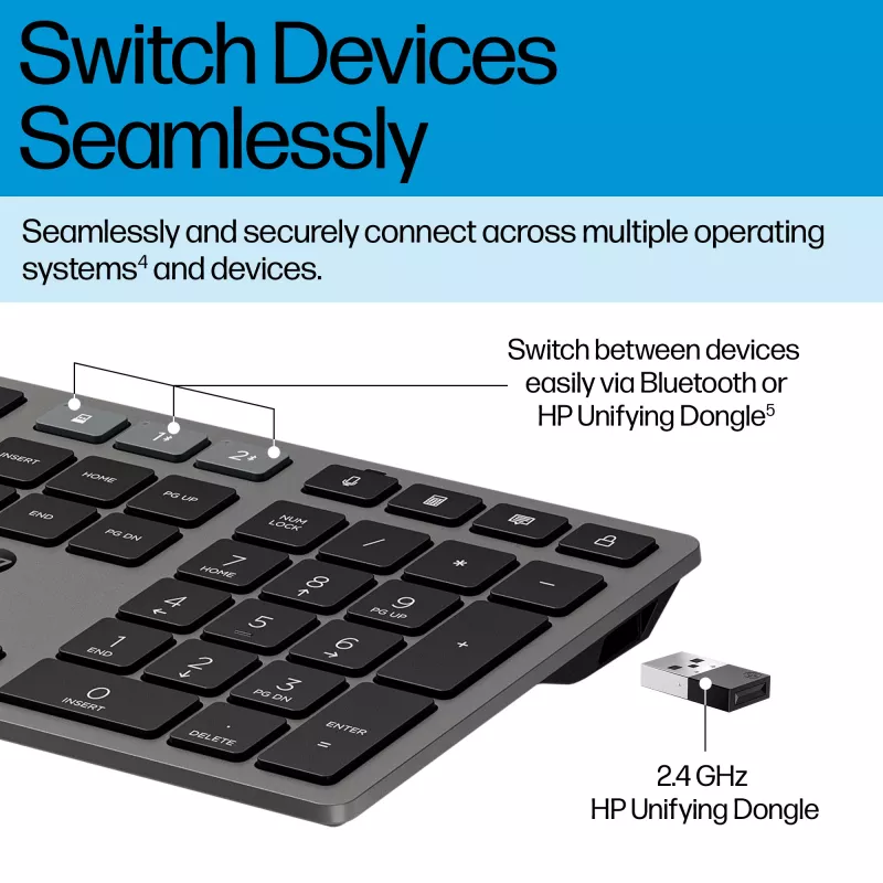 HP 725 multi-device oplaadbare draadloze toetsenbord, volledig formaat (100%), draadloos, RF draadloos + Bluetooth, zwart