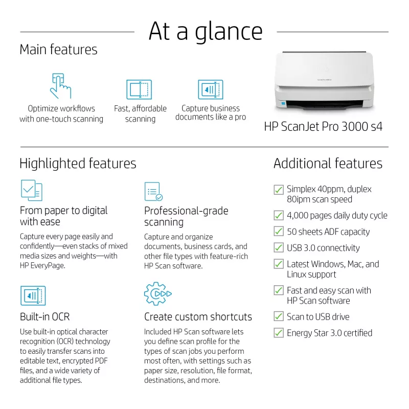HP Scanjet Pro 3000 s4 sheetfed scanner 600 x 600 DPI A4 zwart, wit
