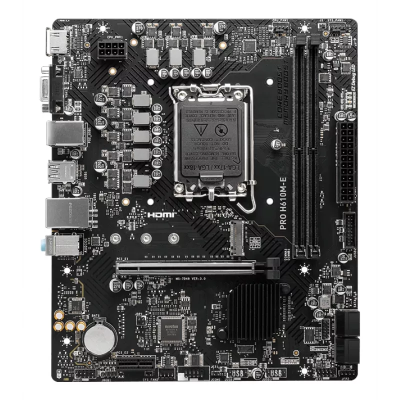 Moederbord MSI PRO H610M-E — Intel H610, LGA 1700, micro ATX, DDR5, 2x DIMM, max 96 GB, 2.5Gb LAN, HDMI, 4x SATA III