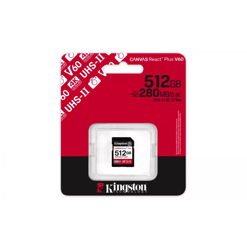 Kingston Technology 512GB Canvas React Plus SDXC UHS-II 280R/150W U3 V60 voor Full HD/4K