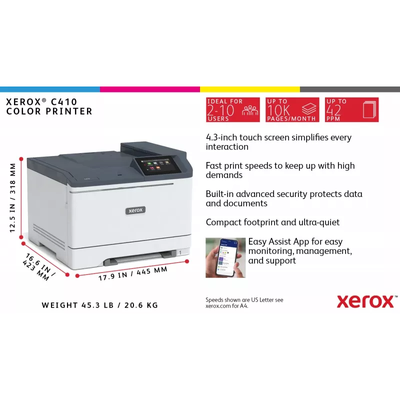 Xerox C410 A4 40ppm duplex printer PS3 PCL5e/6 2 papierladen 251 vel