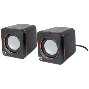 Manhattan 2600 Series Speaker System, Small Size, Big Sound, twee speakers, stereo, USB-voeding, uitgang: 2x 3W, 3,5mm plug voor geluid, in-line volumeregeling, kabel 0,9m, zwart, drie jaar garantie