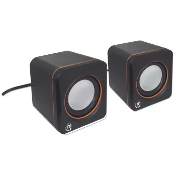 Manhattan 2600 Series Speaker System, Small Size, Big Sound, twee speakers, stereo, USB-voeding, uitgang: 2x 3W, 3,5mm plug voor geluid, in-line volumeregeling, kabel 0,9m, zwart, drie jaar garantie