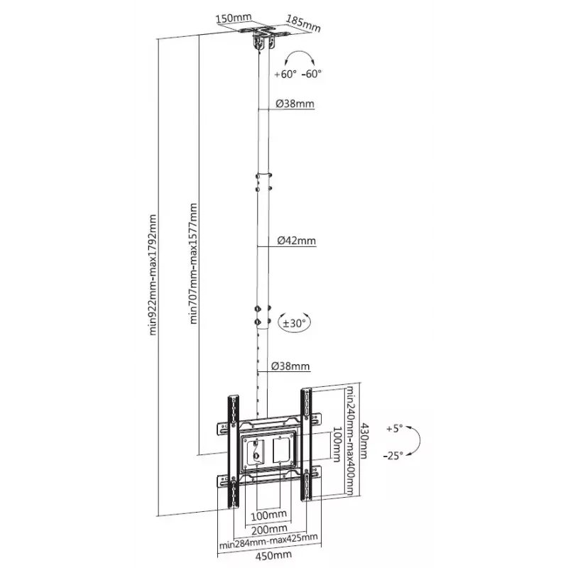 Equip 32 inch-70 inch plafondmontage voor tv
