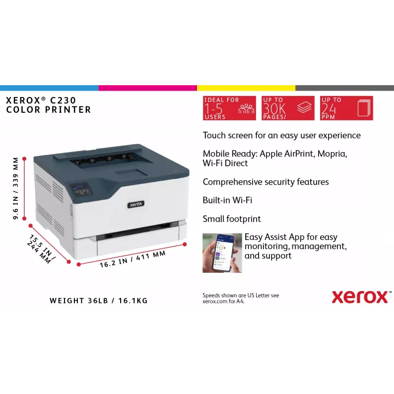 Xerox C230 A4 22ppm draadloze duplex printer PS3 PCL5e6 2 papierladen totaal 251 vel