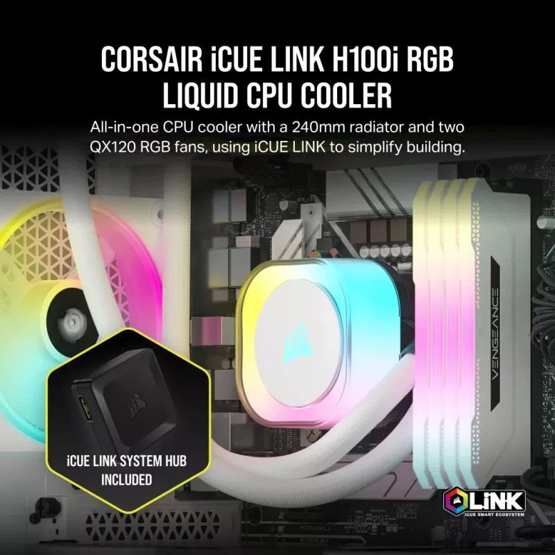 CORSAIR CPU-koeler – iCUE Link H100i RGB AiO-vloeistofkoeler – wit