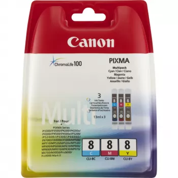 Canon CLI-8 C/M/Y kleureninktpatronen-multipack, cyaan, magenta, geel, pigmentinkt, 3 stuks