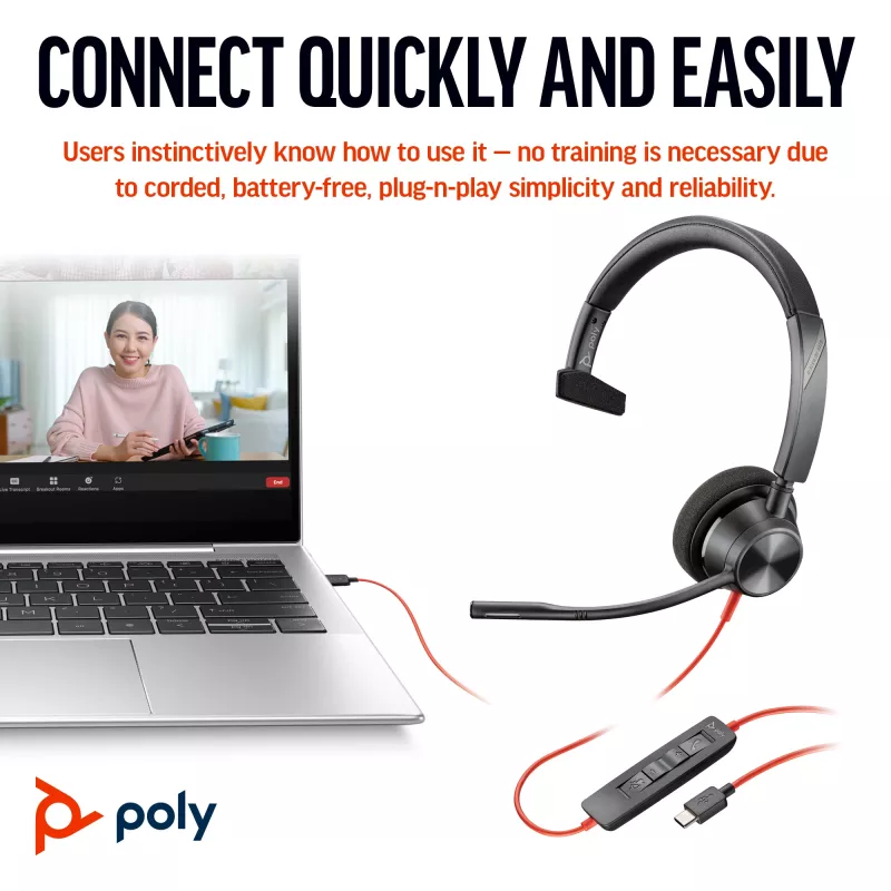 HP Poly Blackwire 3310 monaurale headset met USB-C + USB-C/A-adapter