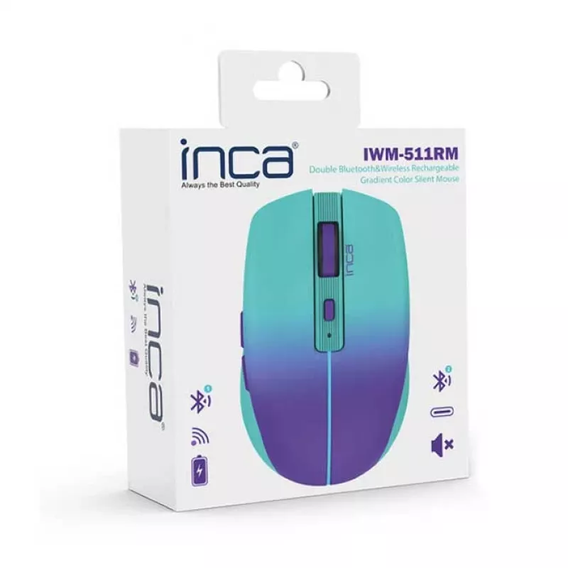 INCA draadloze muis Iwm-511rm – RF draadloos + Bluetooth + USB Type-C – 1600 dpi – 6 toetsen – groen paars
