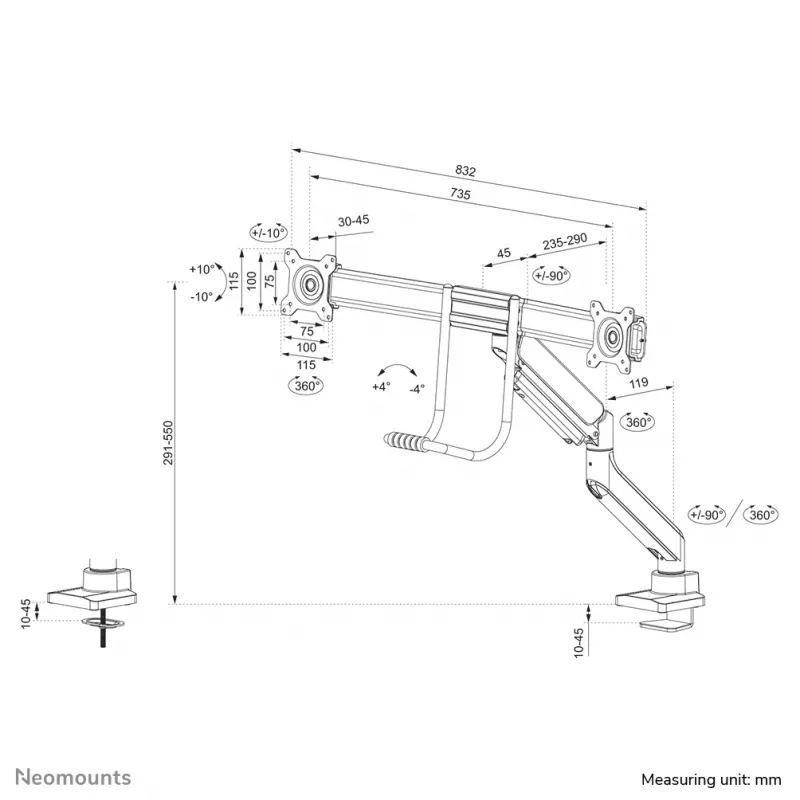 Neomounts DS75-450WH2 monitorarm 17-32 inch - gasveer - Topfix - 180°-stop