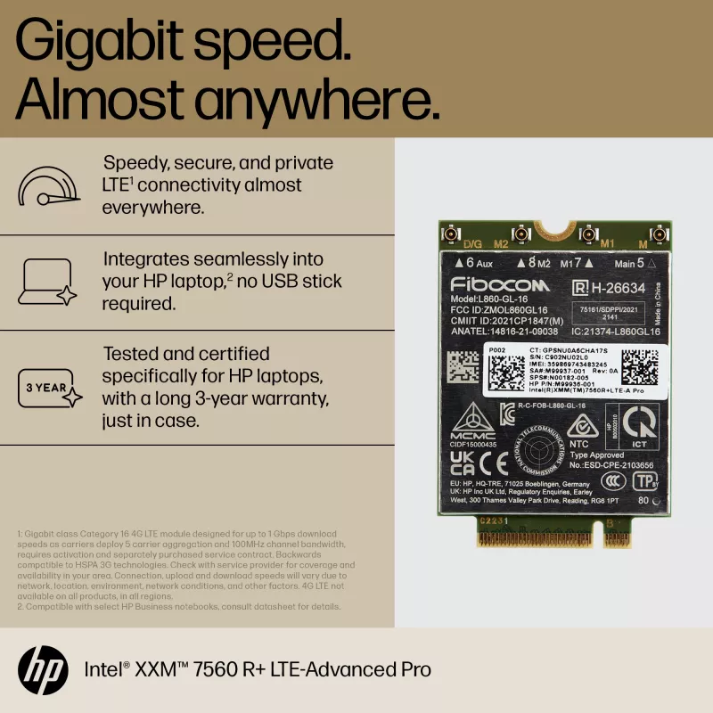 HP XMM 7560 R+ LTE-Advanced Pro WWAN, China, zakelijk, -20 - 65 °C, -40 - 85 °C, Windows 10, Windows 11, 42 mm