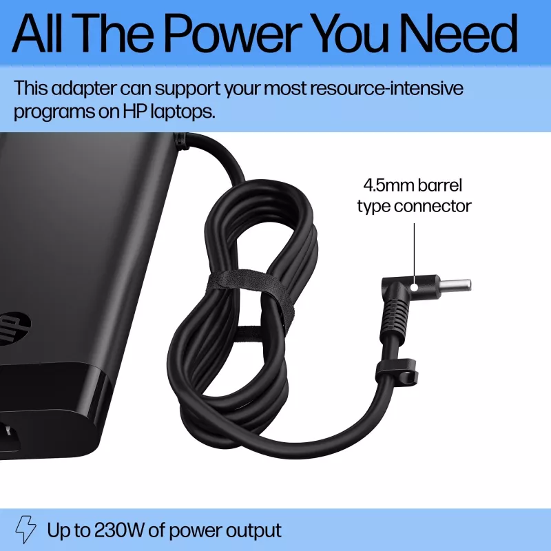 HP 230 W Smart netadapter (AQ9X8AA) voor laptops, voor binnengebruik, 115 V ingang, 4,5 mm, EU-stekker, zwart