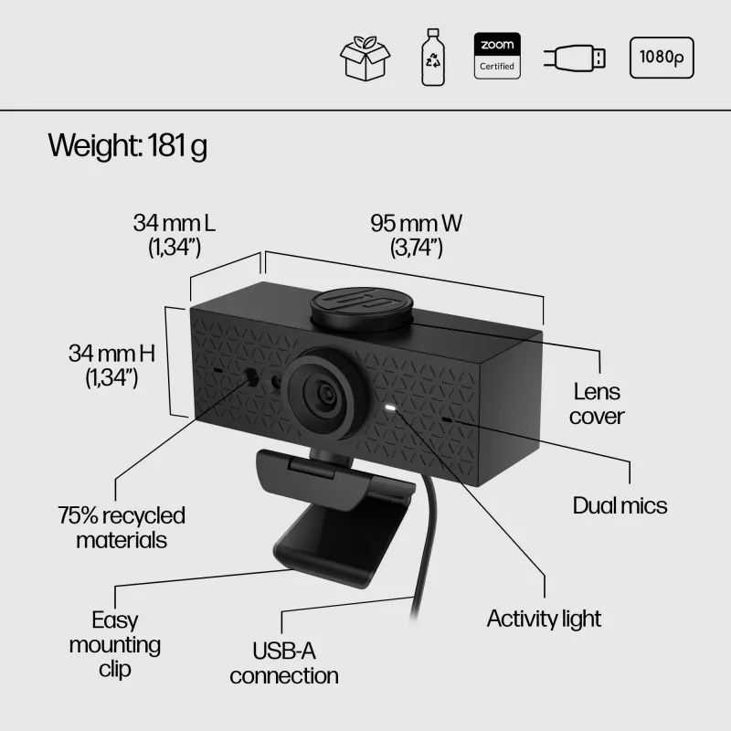 HP 620 FHD-webcam, 4 MP, 1920 x 1080 pixels, Full HD, 60 fps, 720p, 1080p, 5x
