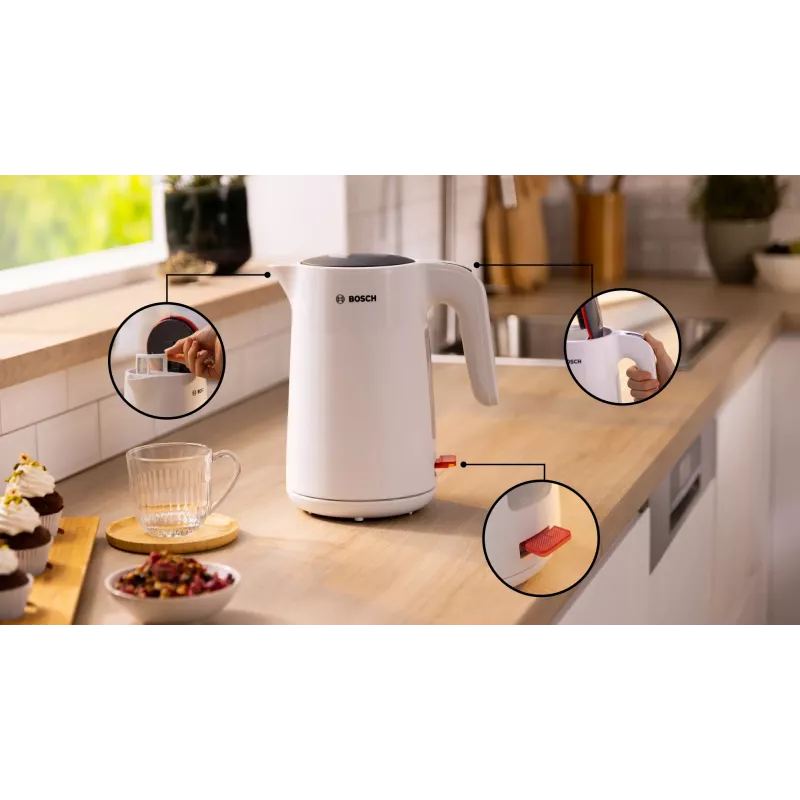 Bosch TWK2M161 waterkoker, 1,7 l, 2400 W, wit, kunststof behuizing, 360°-basis