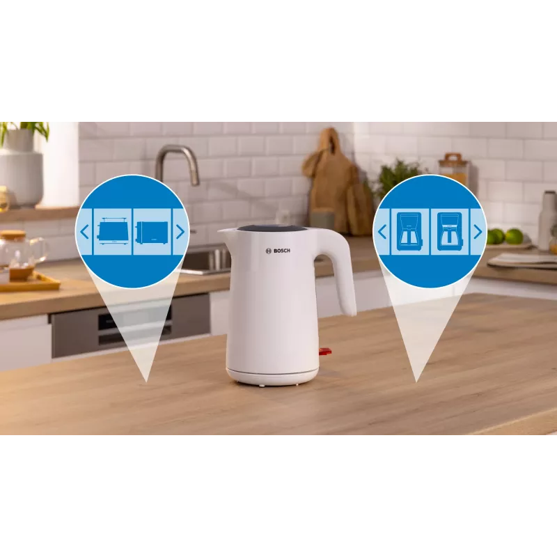 Bosch TWK2M161 waterkoker, 1,7 l, 2400 W, wit, kunststof behuizing, 360°-basis