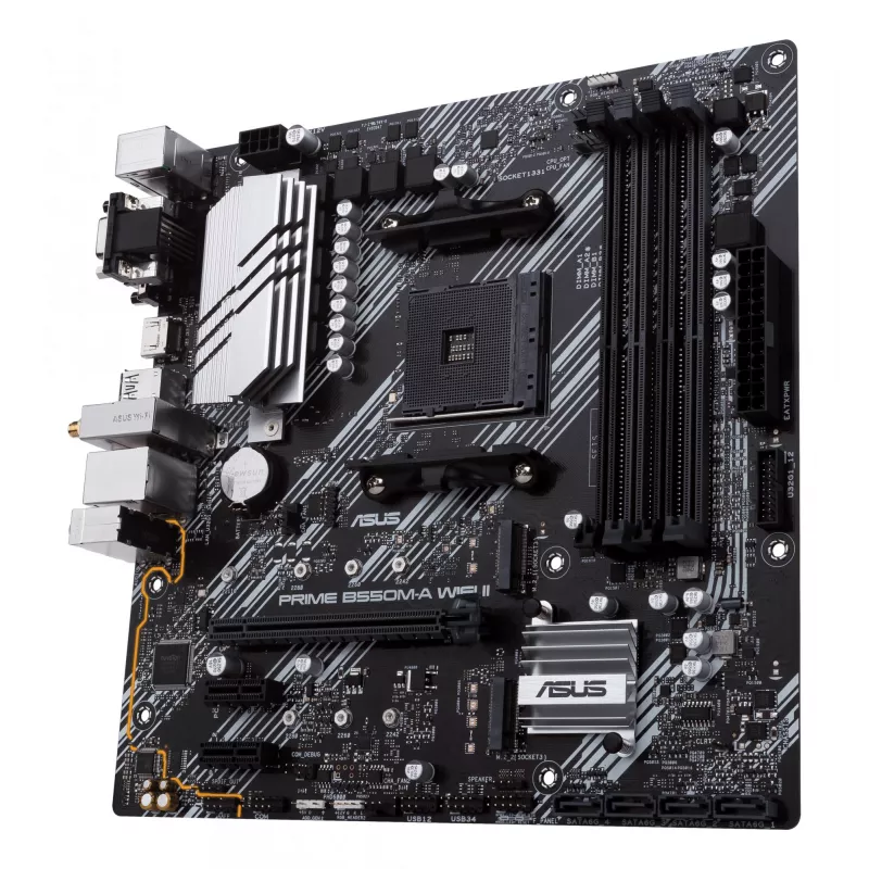 Moederbord ASUS PRIME B550M-A WIFI II micro ATX — AMD B550, socket AM4, DDR4, 4 DIMM, Wi‑Fi 6, Bluetooth 5.2, 2x M.2, HDMI 2.1