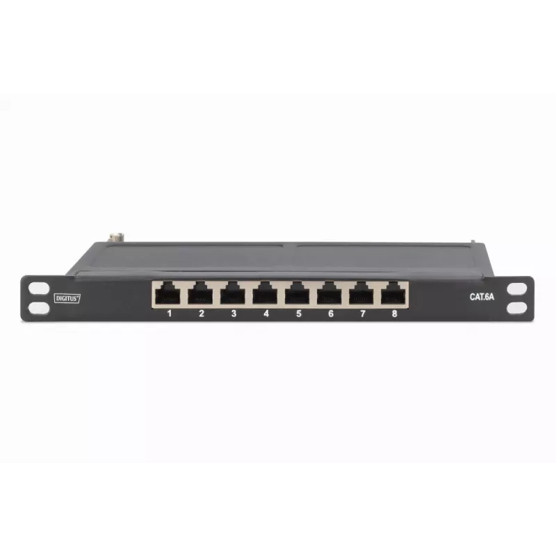 DIGITUS patchpanel CAT6A afgeschermd, 8-poorts 1/2U, 10-inch rackmontage, zwart RAL 9005